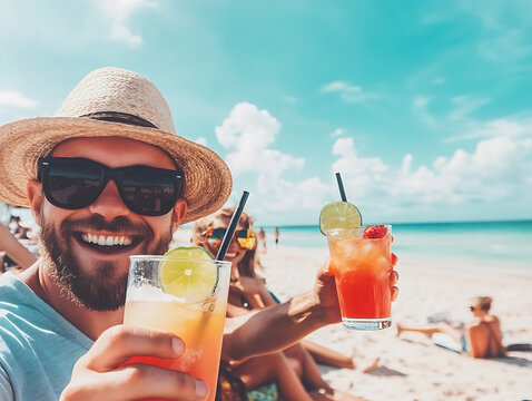 Happy man with sunglasses and hat holding a tropical cocktail on a sunny beach vacation