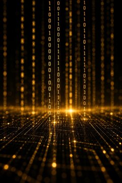 Binary code on glowing digital grid representing data technology and computer programming