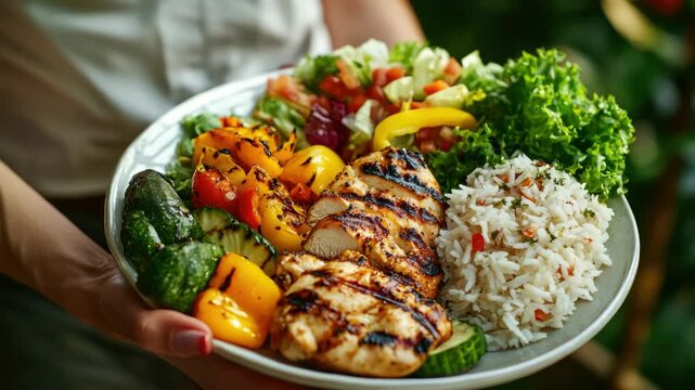 Hand Holding a Plate of Grilled Chicken with Rice and Salad