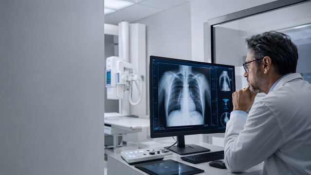 Doctor analyzing chest X Ray results on digital monitor within radiology suite for pulmonary diagnosis and patient health monitoring in medical clinic setting
