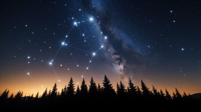Bright constellation Orion shines in dark night sky above silhouetted pine forest. Stars form celestial patterns over warm horizon glow under Milky Way.