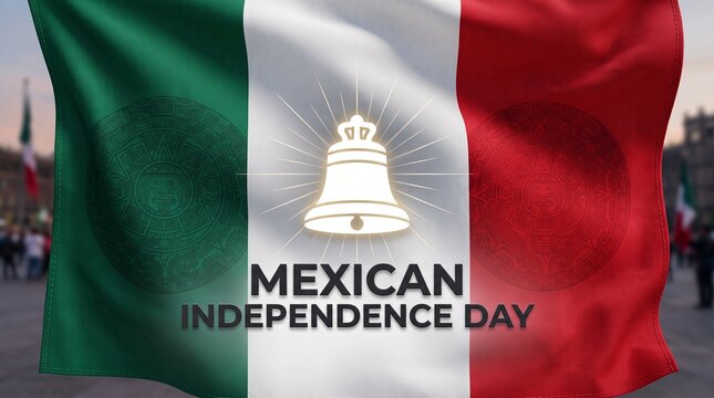 Mexican Independence Day banner with national flag, glowing bell icon and holiday text, patriotic Mexico celebration background