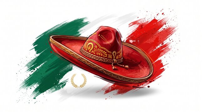 Mexican sombrero hat with flag brush strokes. Red traditional charro hat on green and white paint splashes. Festive Mexico independence day concept.