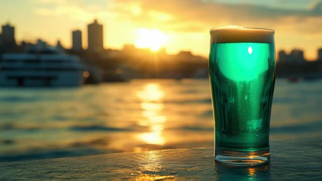 Refreshing Green Beer in a Glass with a Coastal Cityscape at Sunset