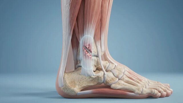 3D medical animation showing a ruptured Achilles tendon and lower leg muscles on a human foot anatomy
