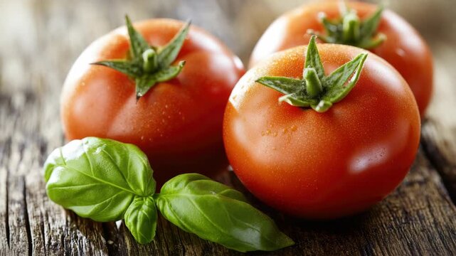 Ripe Red Tomatoes and Fresh Basil on Rustic Wood Surface