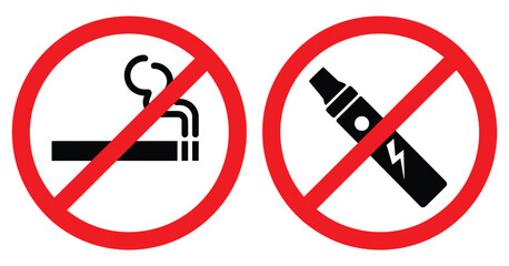 Smoking prohibition sign set, no smoking, no vaping, electronic cigarette, prohibition, warning, tobacco, vape, cigarette, nicotine, safety, restriction, red, black, editable vector. ©  