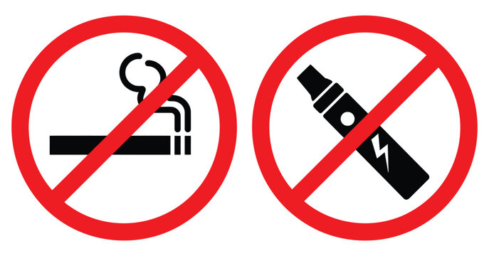 Smoking prohibition sign set, no smoking, no vaping, electronic cigarette, prohibition, warning, tobacco, vape, cigarette, nicotine, safety, restriction, red, black, editable vector.