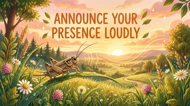 Whimsical illustration of a grasshopper on a leaf in a meadow at sunrise, text "ANNOUNCE YOUR PRESENCE LOUDLY"