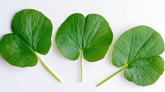 Three green heart-shaped oxalis leaves on a white background
