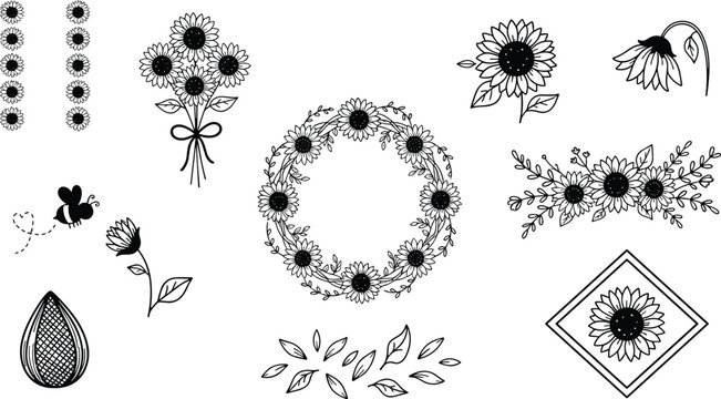 Black sunflower silhouette line art vector set with summer floral wreaths bouquets borders and honey bee elements for rustic wedding branding