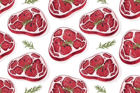 Seamless pattern of raw beef steaks with rosemary sprigs on white background