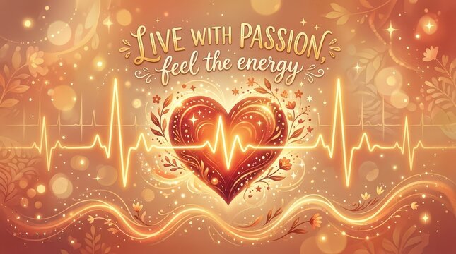 Vibrant heart with glowing heartbeat line and text 'Live with passion, feel the energy' on a warm, sparkling background