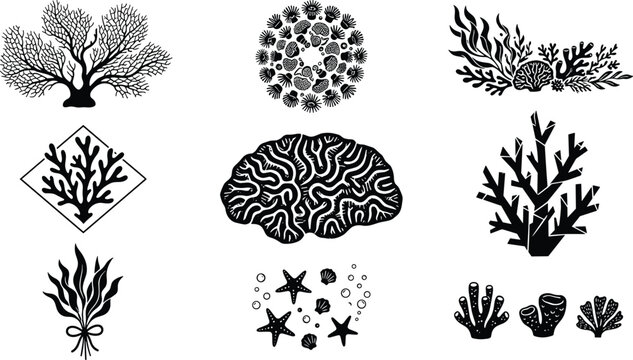 Sea coral reef and marine life black silhouette vector set with brain coral seaweeds sea anemone starfish and geometric aquarium branding badges