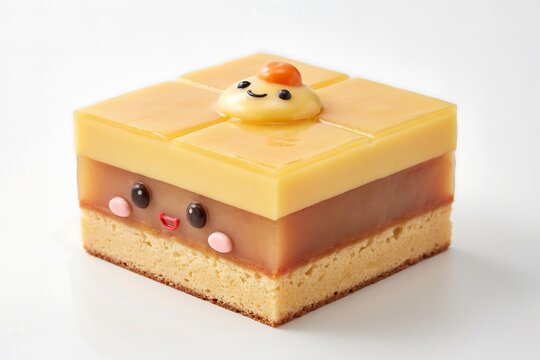 Cute square layered mousse cake with kawaii face design on white background