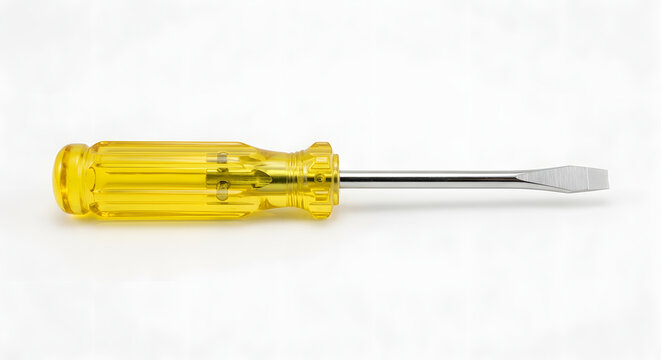 A flathead screwdriver with a yellow handle isolated on a white background.