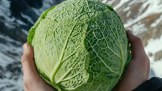 Hand Holding a Savoy Cabbage in Snowy Mountain Landscape