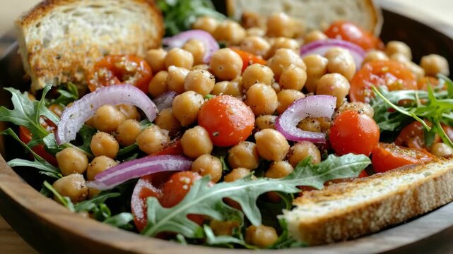 Close-up of Mediterranean Chickpea Salad with Cherry Tomatoes and Toasted Bread