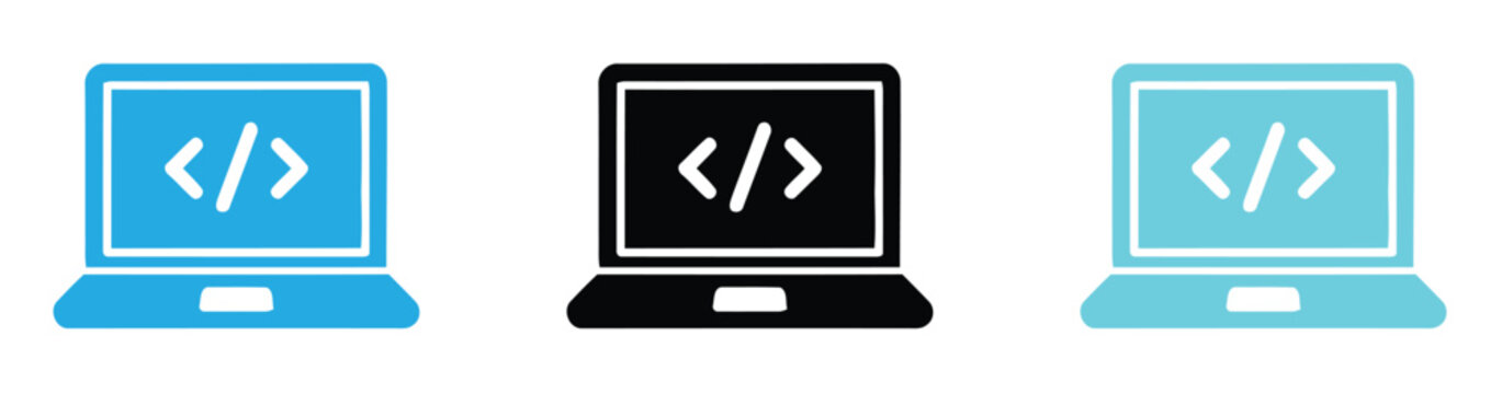 Laptop Code Web Programming Coding Screen Developer Computer Icon Set Isolated on White Background Vector Illustration Symbol Graphic Clip Art Design