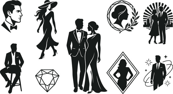 Elegant fashion couples silhouette vector set with men in tuxedos and women in luxury evening dresses for glamorous wedding or party invitations