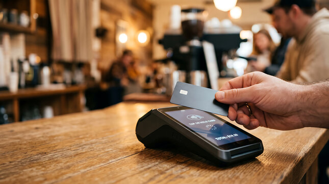 Person using a contactless credit card for a digital payment transaction at a modern cafe checkout counter