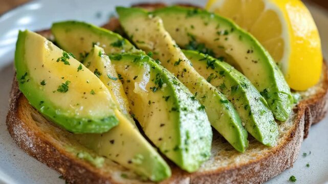 Close-up of Sliced Avocado Toast with Herbs and Lemon