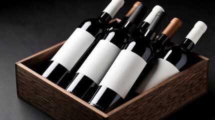Naklejka premium Several bottles of red wine with blank white labels rest in a wooden crate. The dark background and elegant composition suggest a premium beverage collection, perfect for wine shops or tasting events.