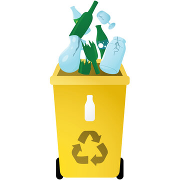 Yellow Recycling Bin with Glass Bottles for Waste Sorting