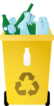 Yellow Waste Container Filled with Recyclable Glass Bottles