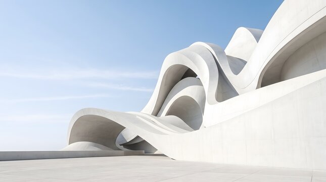 Modern white futuristic architecture with organic fluid wave curves