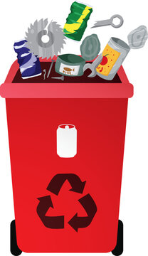 Red Recycling Bin Filled with Mixed Household Waste Materials