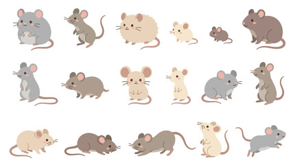 Obraz premium Set of cute cartoon mice in various poses and colors isolated on white background.