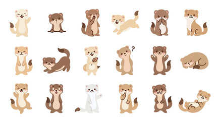Fototapeta premium A collection of cute ferret characters in various poses and expressions isolated on a white background.