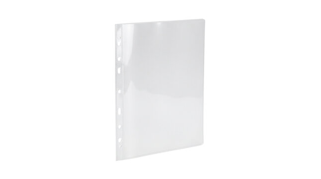 Transparent plastic sheet protector, clear punched pocket for binder, glossy document sleeve for office organization isolated PNG with Transparent Background