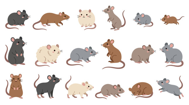 A collection of cute cartoon mice and rats in various poses and colors isolated on white background.
