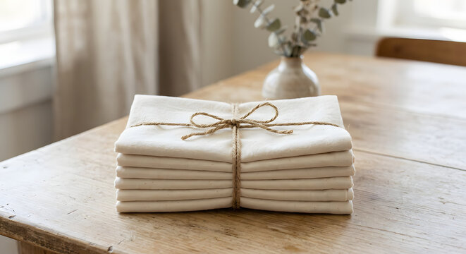 Stack of neatly folded neutral-colored cloth napkins tied with a rustic string bow on a wooden table