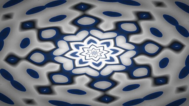 Blue and silver kaleidoscope pattern pulsating and expanding in a continuous loop