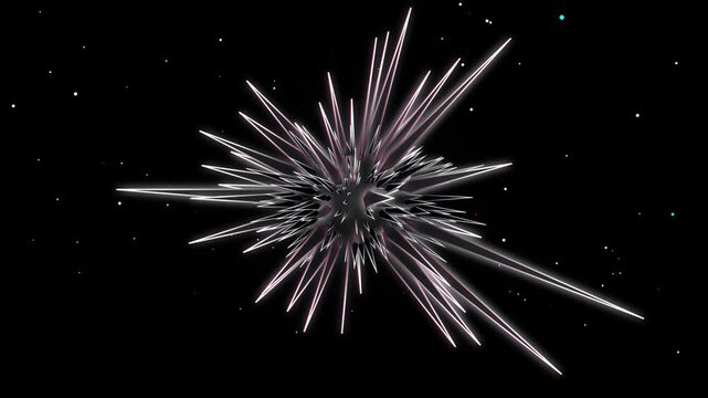 A dynamic 3D gyroscopic spiky entity rotates in a seamless loop. Featuring neon pink metallic thorns, chromatic aberration, and a sweeping stardust vortex on a black background. Perfect for sci-fi, mu