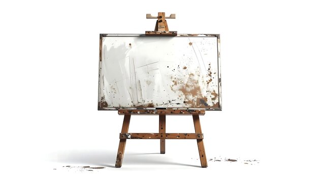 A dirty whiteboard on a wooden easel, with chalk scattered around it, on a white background