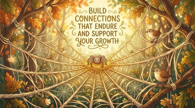 Whimsical illustration of a spider on a web with birds, promoting strong connections and personal growth in autumn forest