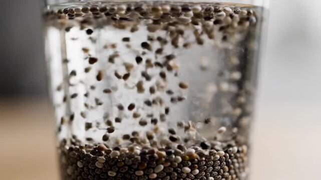 Macro shot of chia seeds swirling and settling in a glass of water.
