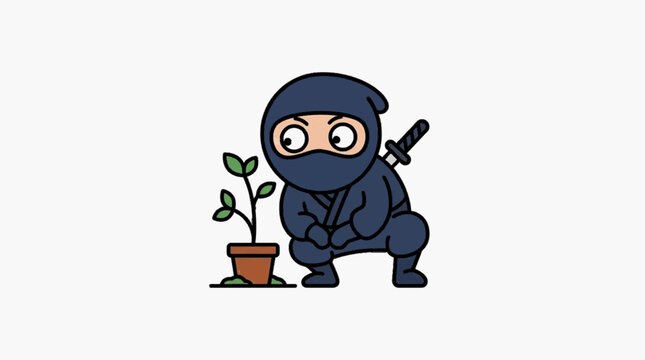 Vector illustration of a cute cartoon ninja character in a dark blue suit crouching and observing a small green plant in a terracotta pot, isolated on a plain white background.