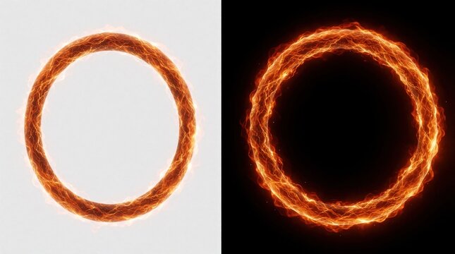 Fiery orange ring on white and black backgrounds. Energy circle burns with intense light and shadow. Abstract fire element forms glowing circular shape, symbolizing heat and power.