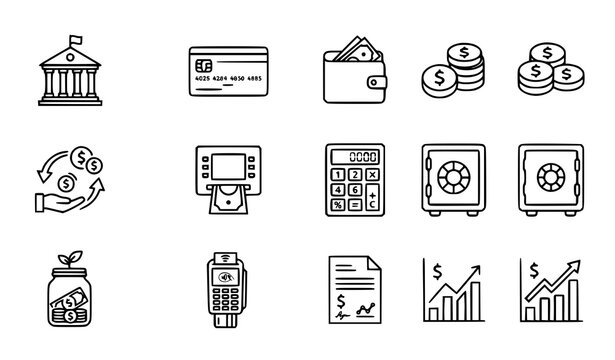 Finance banking and money icons set featuring bank building credit card wallet coin stacks currency exchange atm calculator safe box savings jar card reader financial document and growth chart