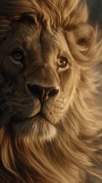 Cinematic portrait of a powerful lion with flowing golden mane and a noble gaze in soft dramatic sunset light
