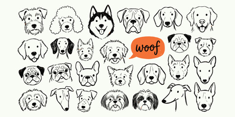 Fototapeta premium Cute hand drawn dog breed faces doodle collection with puppy portraits for pet shop and veterinary clinic branding