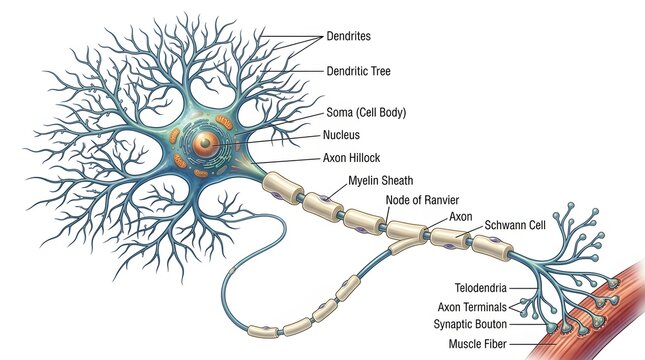 Anatomical diagram showing the structure of a human nerve cell neuron