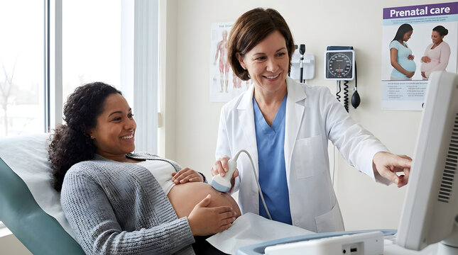 Obstetrician performing prenatal ultrasound on pregnant patient.