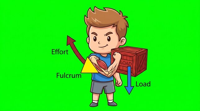 Chibi boy demonstrating physics lever principle with fulcrum effort and load diagram
