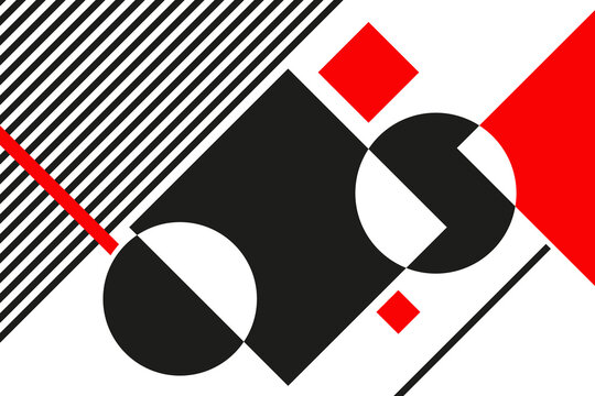 An abstract geometric composition in the style of suprematism and bauhaus, featuring a dynamic arrangement of bold red, black, and white shapes, including circles, squares, and overlapping clean lines